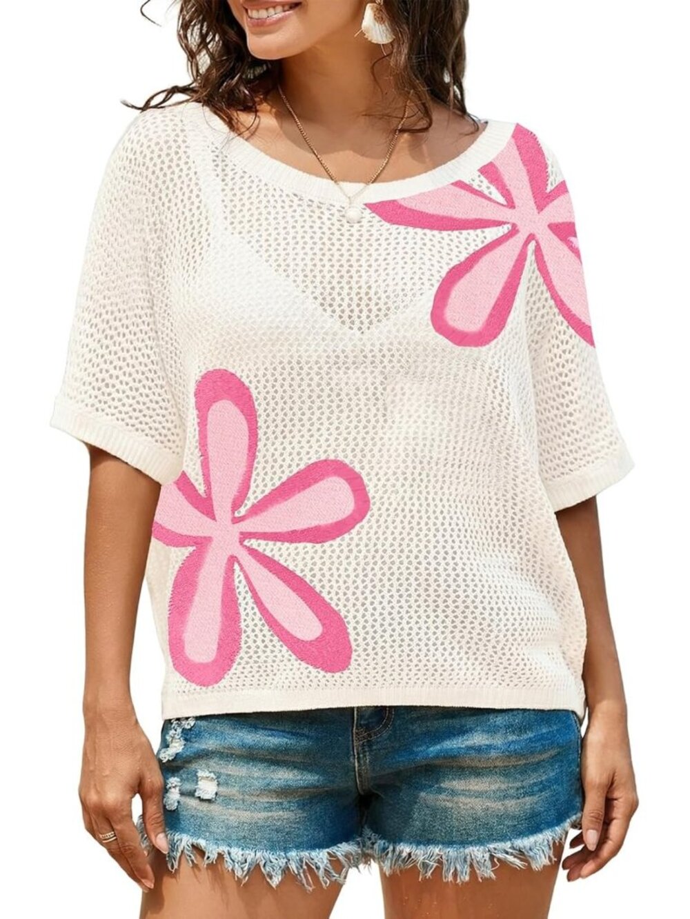 Women's White Short Crochet Sweaters Cover Ups Lightweight Knit Pullover Tops